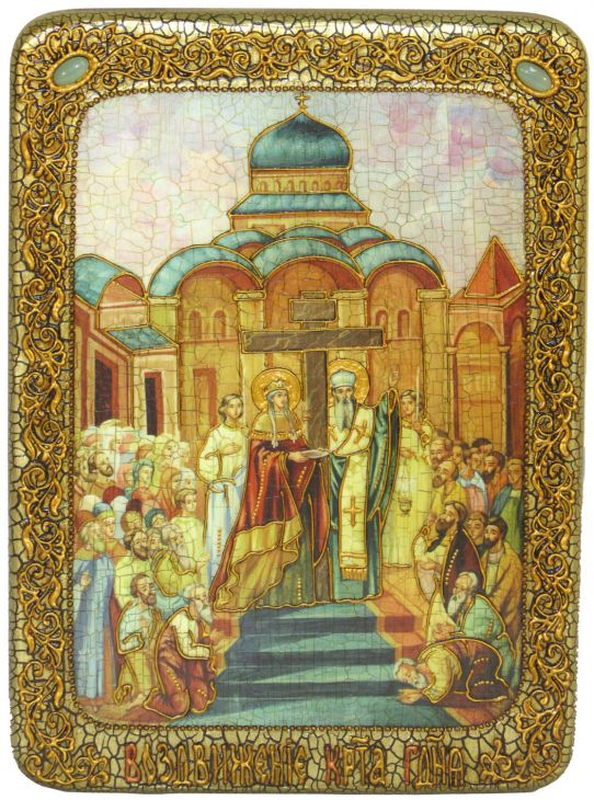 Инкрустированная подарочная икона Воздвижение Святого Креста Господня (21*29 см, Россия) на натуральном мореном дубе в подарочной коробке