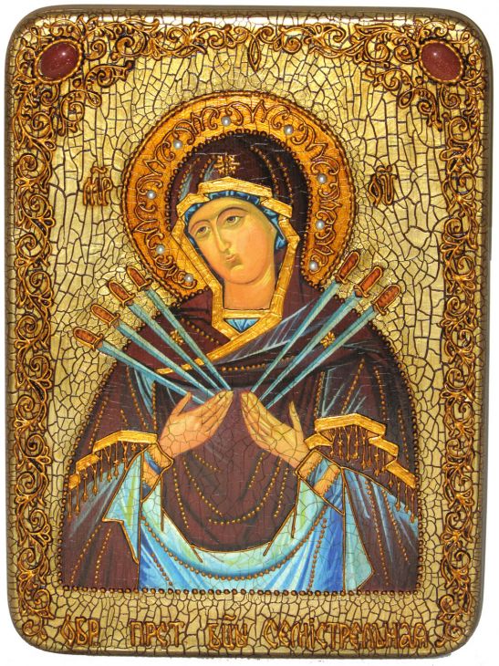 Инкрустированная подарочная икона Образ Божией Матери "Семистрельная" (21*29 см, Россия) на натуральном мореном дубе в подарочной коробке