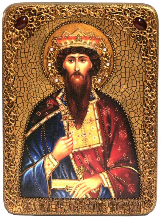 Инкрустированная подарочная икона Святой Благоверный князь Вячеслав Чешский (21*29 см, Россия) на натуральном мореном дубе в подарочной коробке