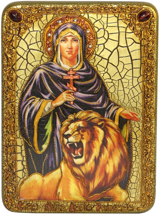 Инкрустированная подарочная икона Святая мученица Дария Римская (21*29 см, Россия) на натуральном мореном дубе в подарочной коробке