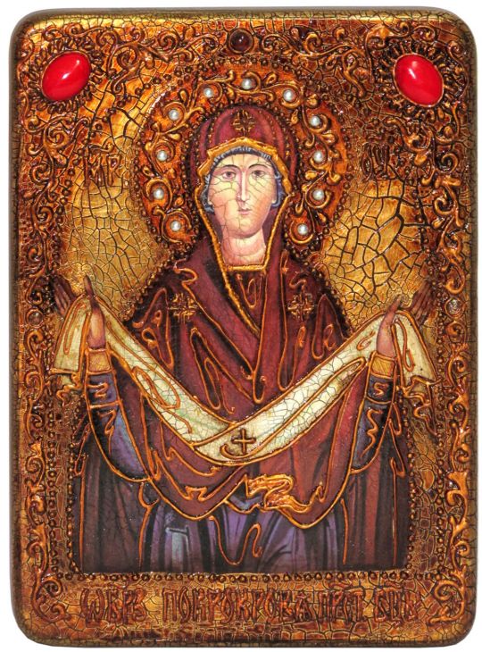 Инкрустированная подарочная икона Образ Пресвятой Богородицы «Остробрамская (Виленская)» (21*29 см, Россия) на натуральном мореном дубе в подарочной коробке