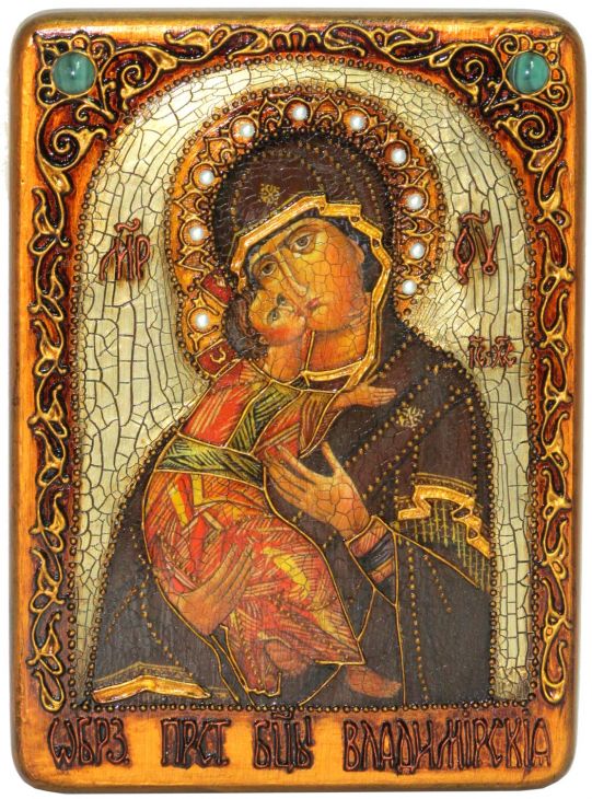 Инкрустированная подарочная икона Образ Владимирской Божьей Матери (21*29 см, Россия) на натуральном мореном дубе в подарочной коробке