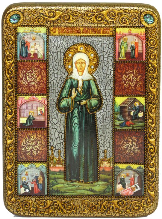 Инкрустированная подарочная икона Блаженная старица Матрона Московская (21*29 см, Россия) на натуральном мореном дубе в подарочной коробке