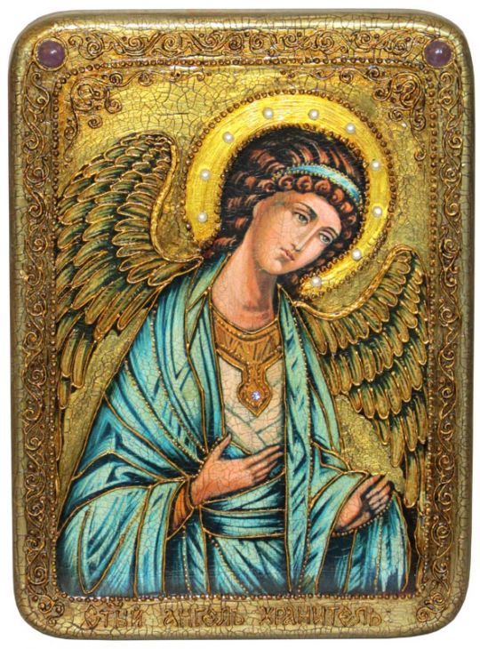 Инкрустированная подарочная икона Ангел Хранитель (21*29 см, Россия) на натуральном мореном дубе в подарочной коробке