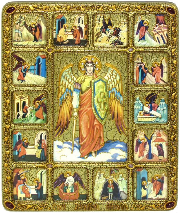 Инкрустированная большая икона Архангел Михаил с житийными клеймами (30*37 см, Россия) на натуральном мореном дубе в подарочной коробке