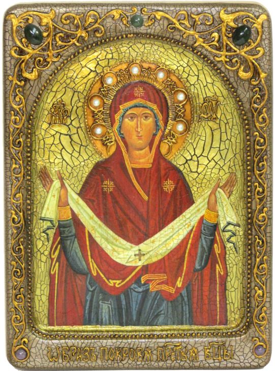 Инкрустированная живописная икона Образ Божией Матери "Покров" (21*29 см, Россия) на натуральном кипарисе в подарочной коробке