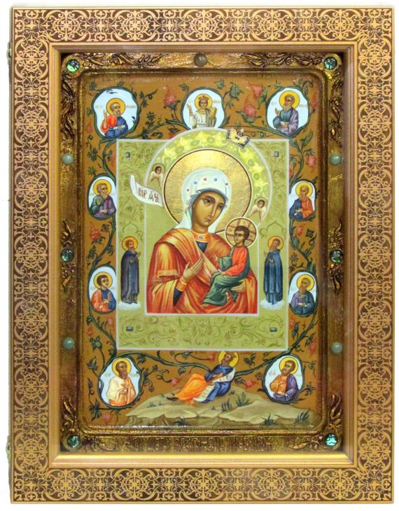 Инкрустированная живописная икона Образ Божией Матери "Тихвинская Хлебенная (Запечная)" (29*42 см, Россия) на натуральном кипарисе в подарочной коробке
