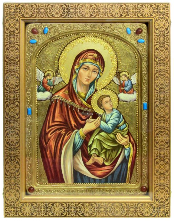 Инкрустированная живописная икона Образ Пресвятой Богородицы «Страстная» (29*42 см, Россия) на натуральном кипарисе в подарочной коробке