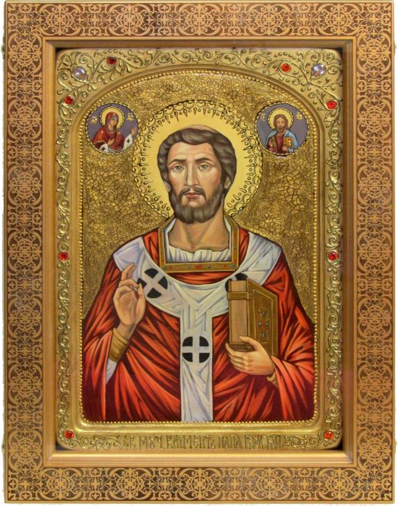 Инкрустированная живописная икона Священномученик Климент, папа Римский (29*42 см, Россия) на натуральном кипарисе в подарочной коробке