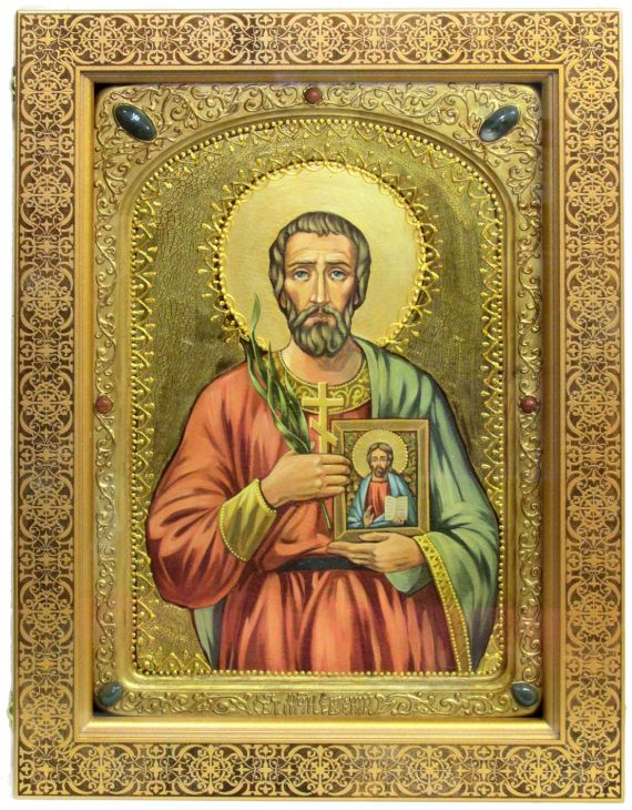 Инкрустированная живописная икона Святой мученик Евгений Севастийский (29*42 см, Россия) на натуральном кипарисе в подарочной коробке