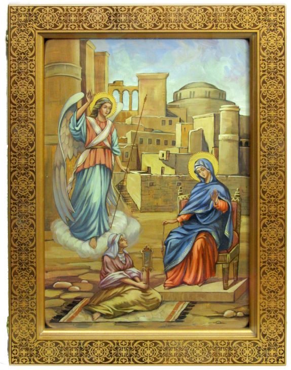 Инкрустированная живописная икона Благовещение Пресвятой Богородицы (29*42 см, Россия) на натуральном кипарисе в подарочной коробке