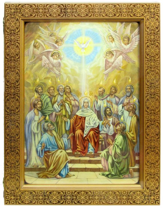 Инкрустированная живописная икона Сошествие Святого Духа (29*42 см, Россия) на натуральном кипарисе в подарочной коробке