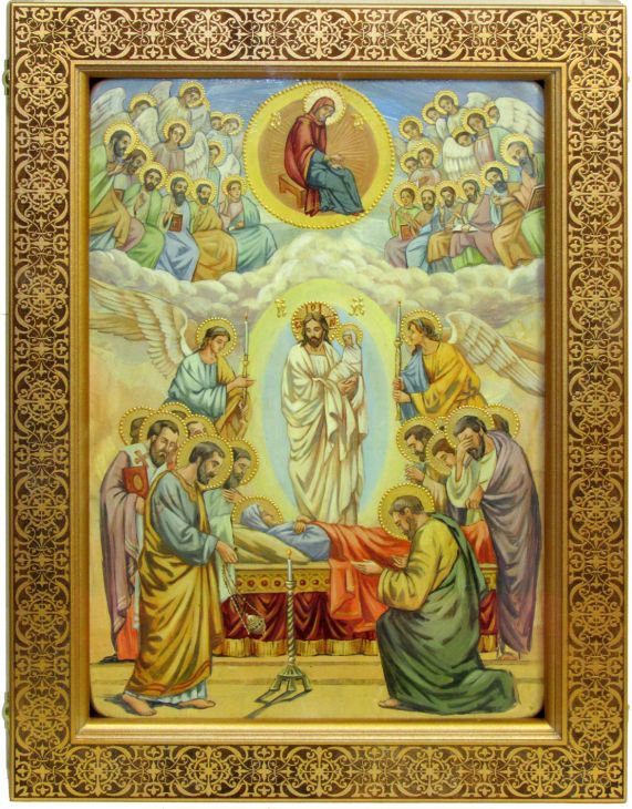 Инкрустированная живописная икона Успение Пресвятой Богородицы (29*42 см, Россия) на натуральном кипарисе в подарочной коробке