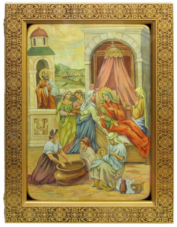 Инкрустированная живописная икона Рождество Пресвятой Богородицы (29*42 см, Россия) на натуральном кипарисе в подарочной коробке