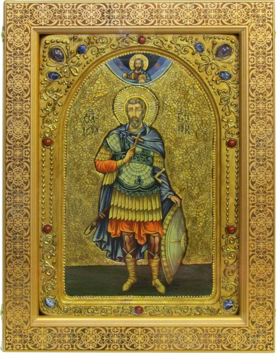 Инкрустированная живописная икона Святой мученик Иоанн Воин (29*42 см, Россия) на натуральном кипарисе в подарочной коробке