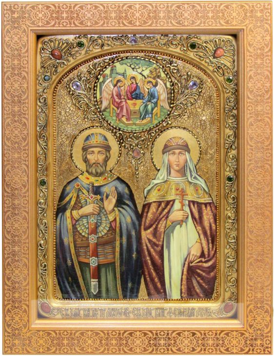 Инкрустированная живописная икона Петр и Февронья (29*42 см, Россия) на натуральном кипарисе в подарочной коробке Инкрустированная живописная икона Петр и Февронья (29*42 см, Россия) на натуральном кипарисе в подарочной коробке