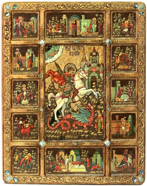 Инкрустированная живописная икона Чудо Святого Георгия о змие с житийными сценами (44*54 см, Россия) на натуральном кипарисе в подарочной коробке