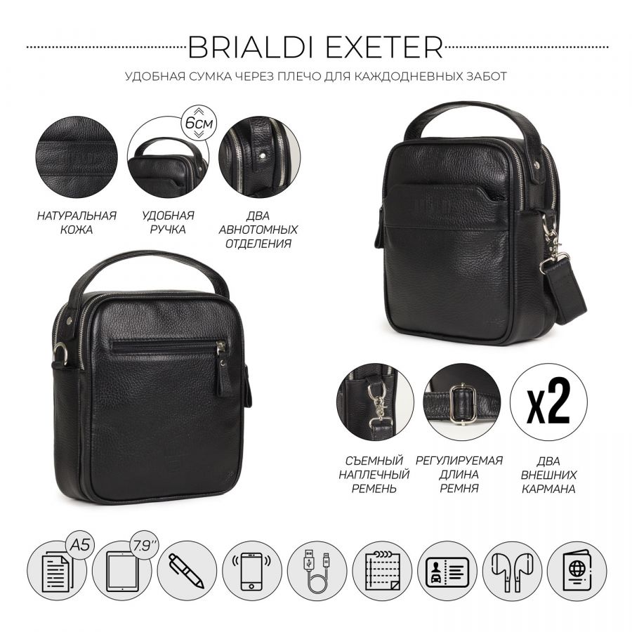 Кожаная сумка через плечо BRIALDI Exeter (Эксетер) relief black