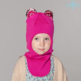 HOH ШЗ20-59391790 Шапка-шлем зимняя с ушками мишки из пайеток, малиновый