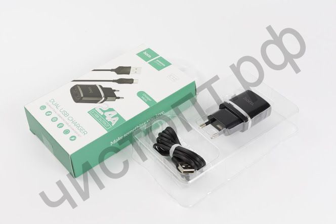 СЗУ HOCO C12 2400mA, с 2 USB выходами с кабелем микро USB, пластик, цвет: чёрный