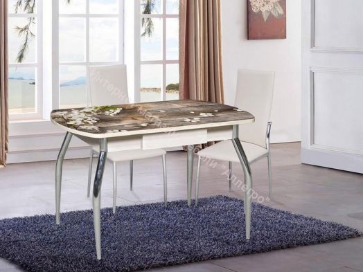 Стол со стеклом "Грация" с ящиком (Беленый дуб/Фотопечать Ветка черемухи)