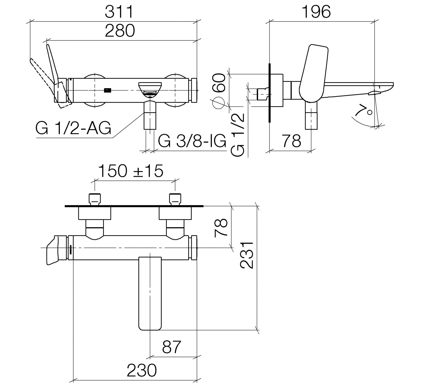 Смеситель для ванны и душа Dornbracht Lisse 33200845 схема 1