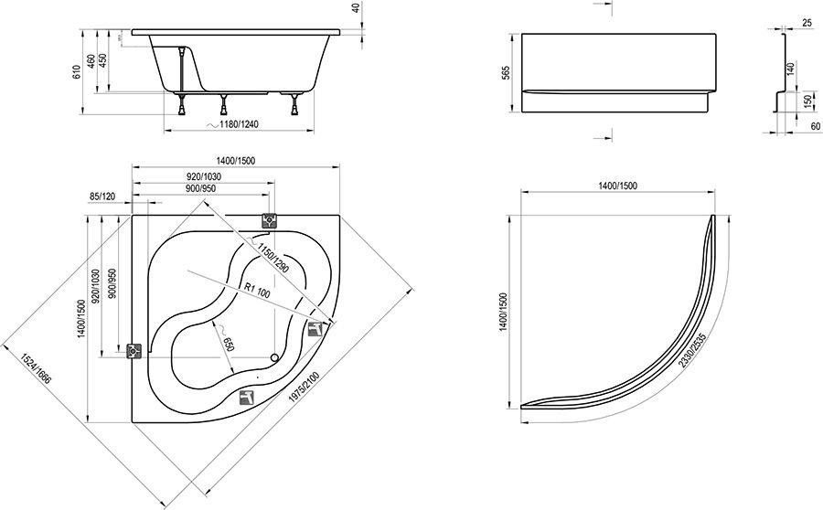 Угловая ванна Ravak Gentiana 140x140 схема 2
