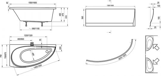 Угловая ассиметричная акриловая ванна Ravak Avocado 150x75 схема 2