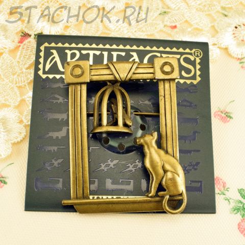 Брошь "Кошка и птичка в клетке" цвет бронзы (JJ США)