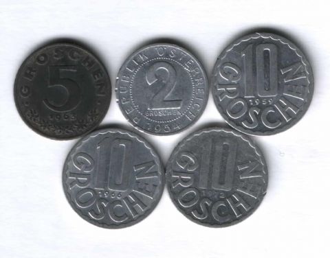 Набор монет Австрия 1954-1972 г. 5 шт.