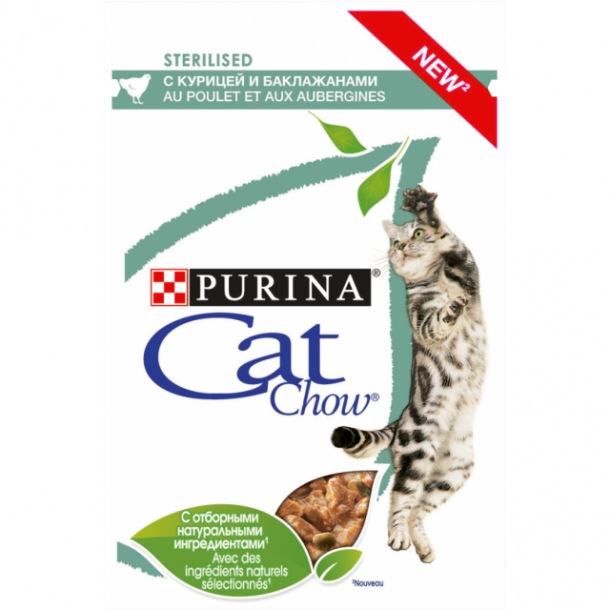 Purina Cat Chow паучи для стерилизованных кошек "Кусочки в соусе с курицей и баклажанами" 85гр