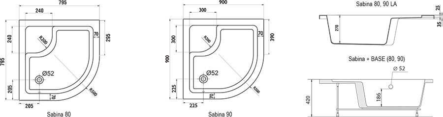 Высокий душевой поддон Ravak Sabina 80х80 схема 3