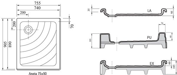 Душевой поддон Ravak  Kaskada Aneta 75х90 схема 3