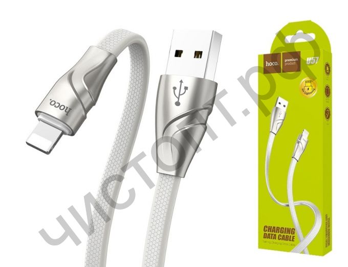 Кабель USB - Apple 8 pin HOCO U57 Twisting, 1.2м, плоский, 2.4A, силикон, цвет: белый