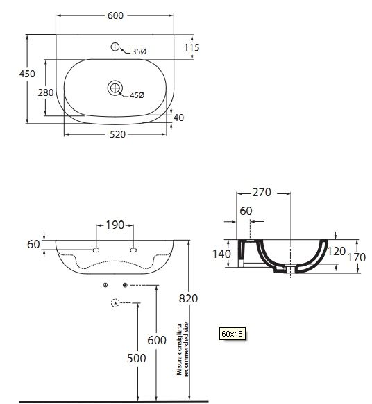 Раковина Azzurra Nuvola NULS06045T0M/(NUV200/60 bi*1) 60 x 45 схема 1