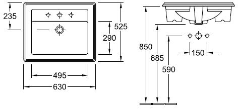 Раковина Villeroy&Boch Hommage накладная 7102 63R1 63x52,5 схема 7