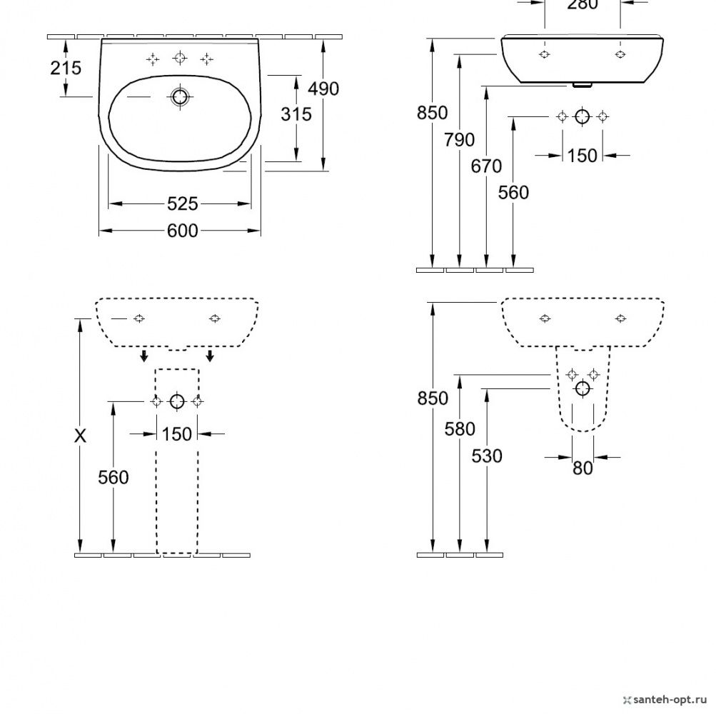 Раковина на пьедестал Villeroy&Boch O.Novo 51606001 60x49 схема 6