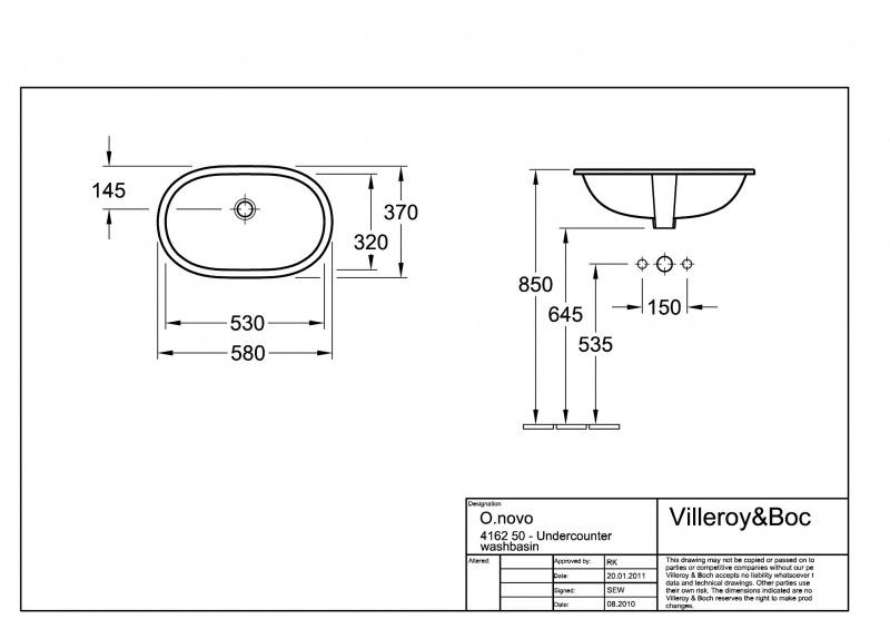 Раковина Villeroy&Boch O.Novo 41625001 53x32 схема 3