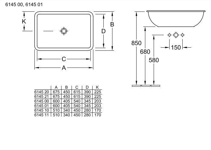 Раковина Villeroy&Boch Loop&Friends 6145 00 R1 60x40,5 схема 2