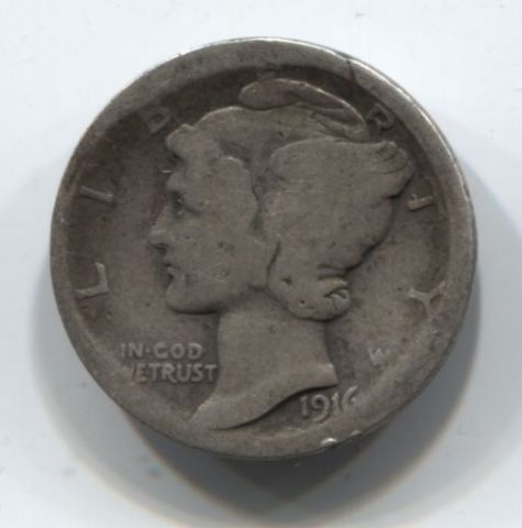 1 дайм (10 центов) 1916 года США Меркурий, первый год чекана