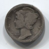 1 дайм (10 центов) 1916 года США Меркурий, первый год чекана
