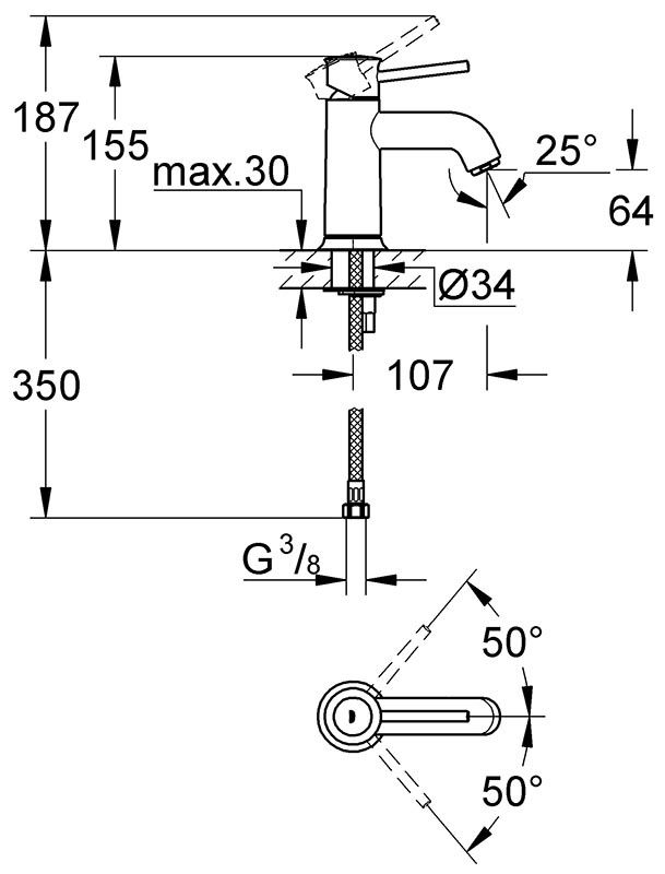 Смеситель Grohe Bauclassic для раковины 23162000 схема 2