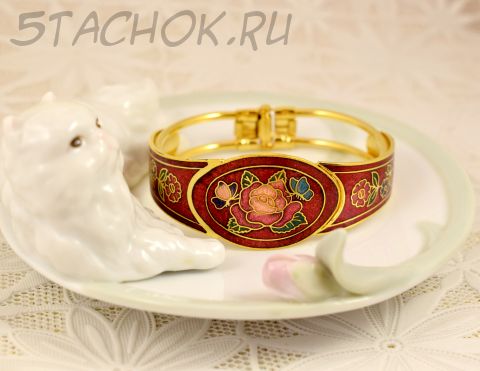 Браслет "Цветы и бабочки на красном" клуазоне (Тайвань/Китай)