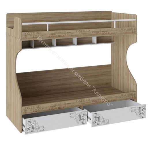 Кровать 2-х ярусная с лестницей приставной с ящиками «Оксфорд» (Ривьера/Белый с рисунком)