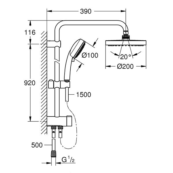 Душевая система Grohe New Tempesta Cosmopolitan 200 26453001 (26453000) с верхним душем и переключателем схема 1