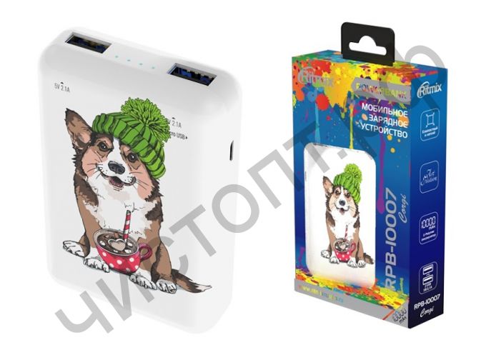 Моб. заряд. устрой. RITMIX RPB-10007 Corgi, Li-pol, 10000mAh, 2.1А, 2?USB, 1x MicroUSB, Защита от: короткого замыкания/перегрузки/перегрева
