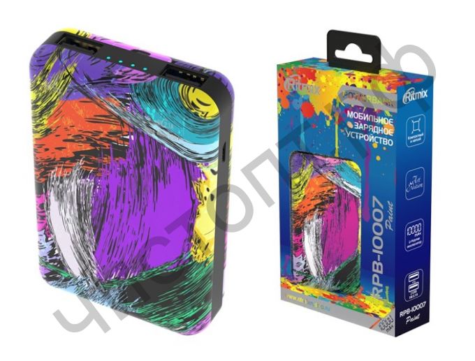 Моб. заряд. устрой. RITMIX RPB-10007 Paint, Li-pol, 10000mAh, 2.1А, 2?USB, 1x MicroUSB, Защита от: короткого замыкания/перегрузки/перегрева