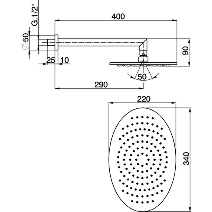 Верхний душ Cisal Shower 340х220 мм с настенным держателем L290 мм схема 2