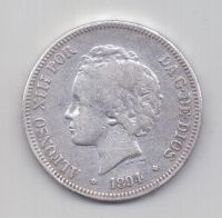 5 песет 1894 года Испания XF