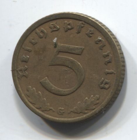 5 пфеннигов 1937 G Германия, редкий тип